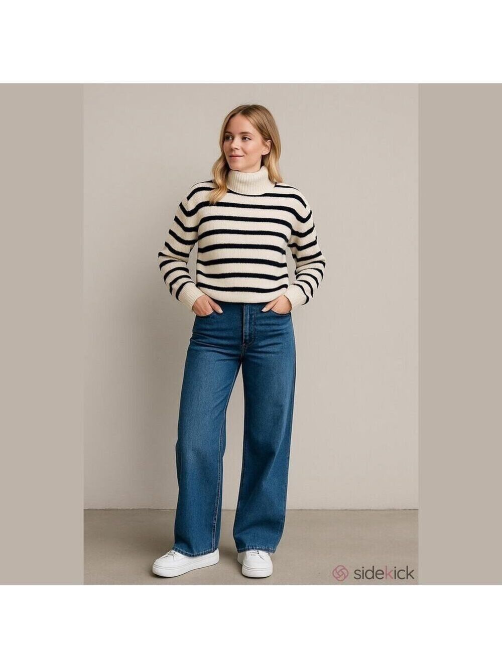 Karen Scott Black Ivory Stripe Turtleneck Cotton Sweater Size M